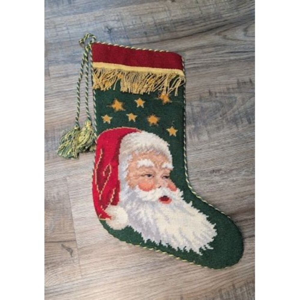 Vtg Needlepoint Christmas Stocking Santa Tassels Fringe Imperial Elegance 1991
